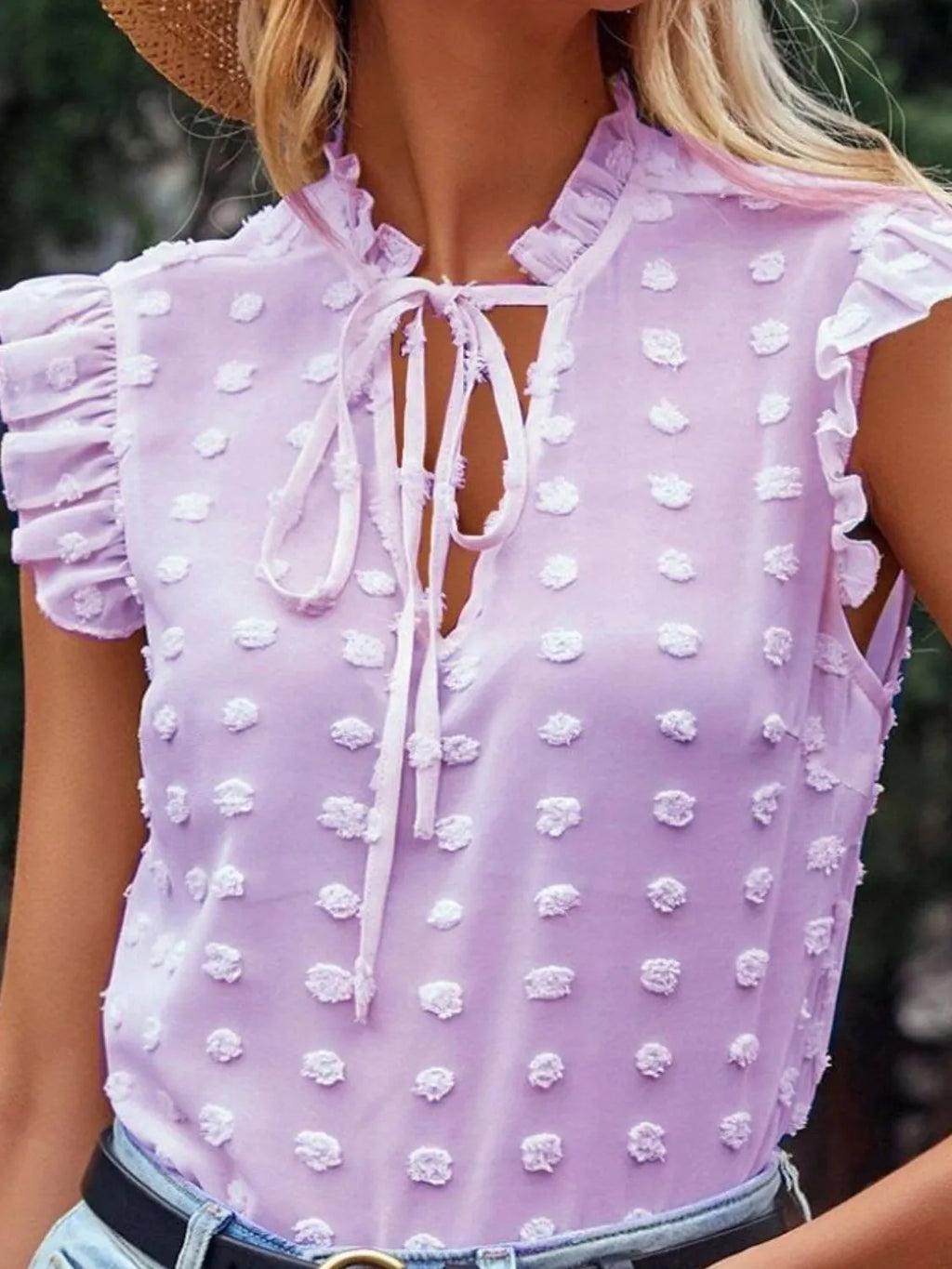 Frill Tie Neck Cap Sleeve Blouse