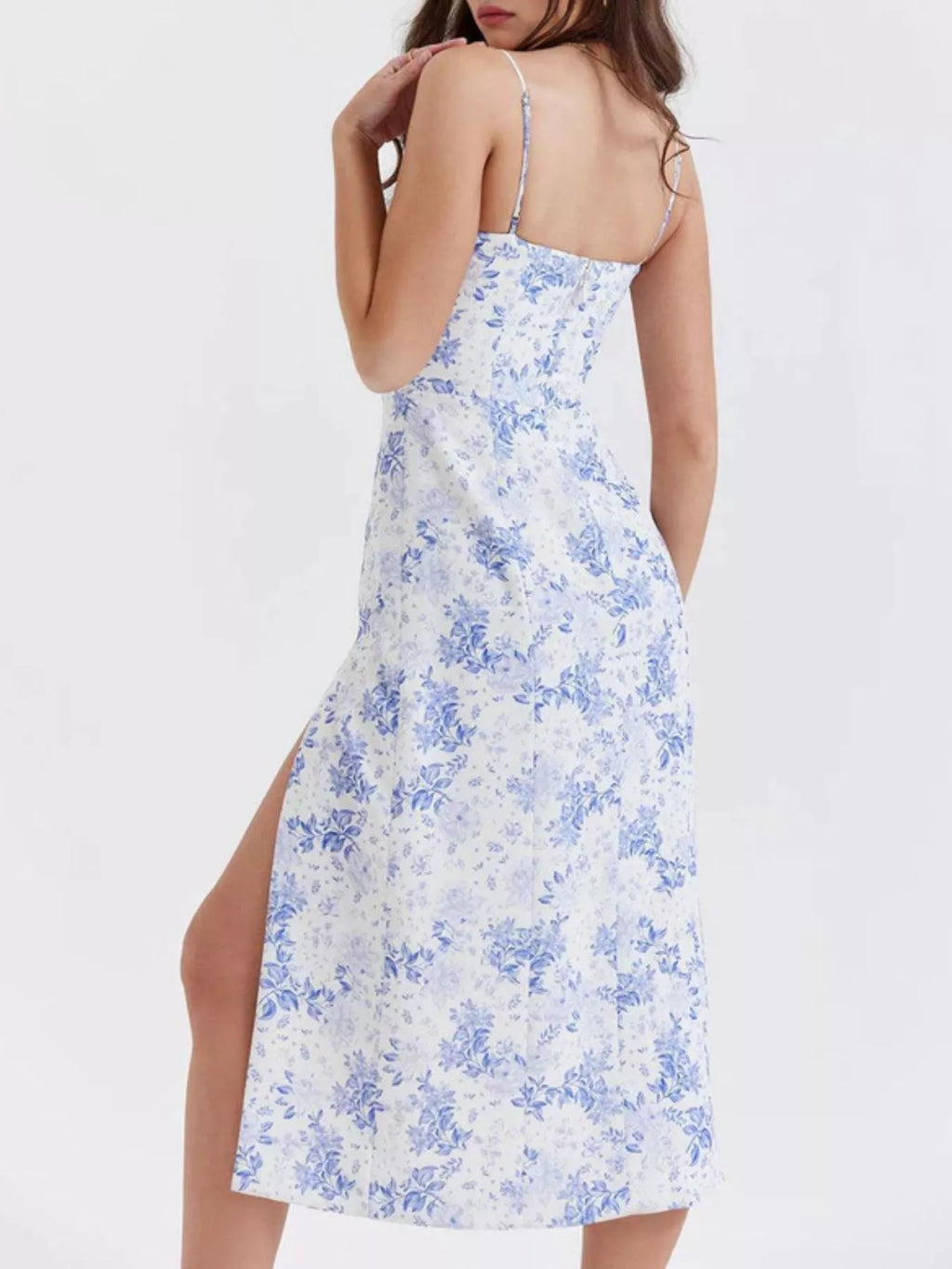 Floral Print Lace Trim Slit Midi Dress