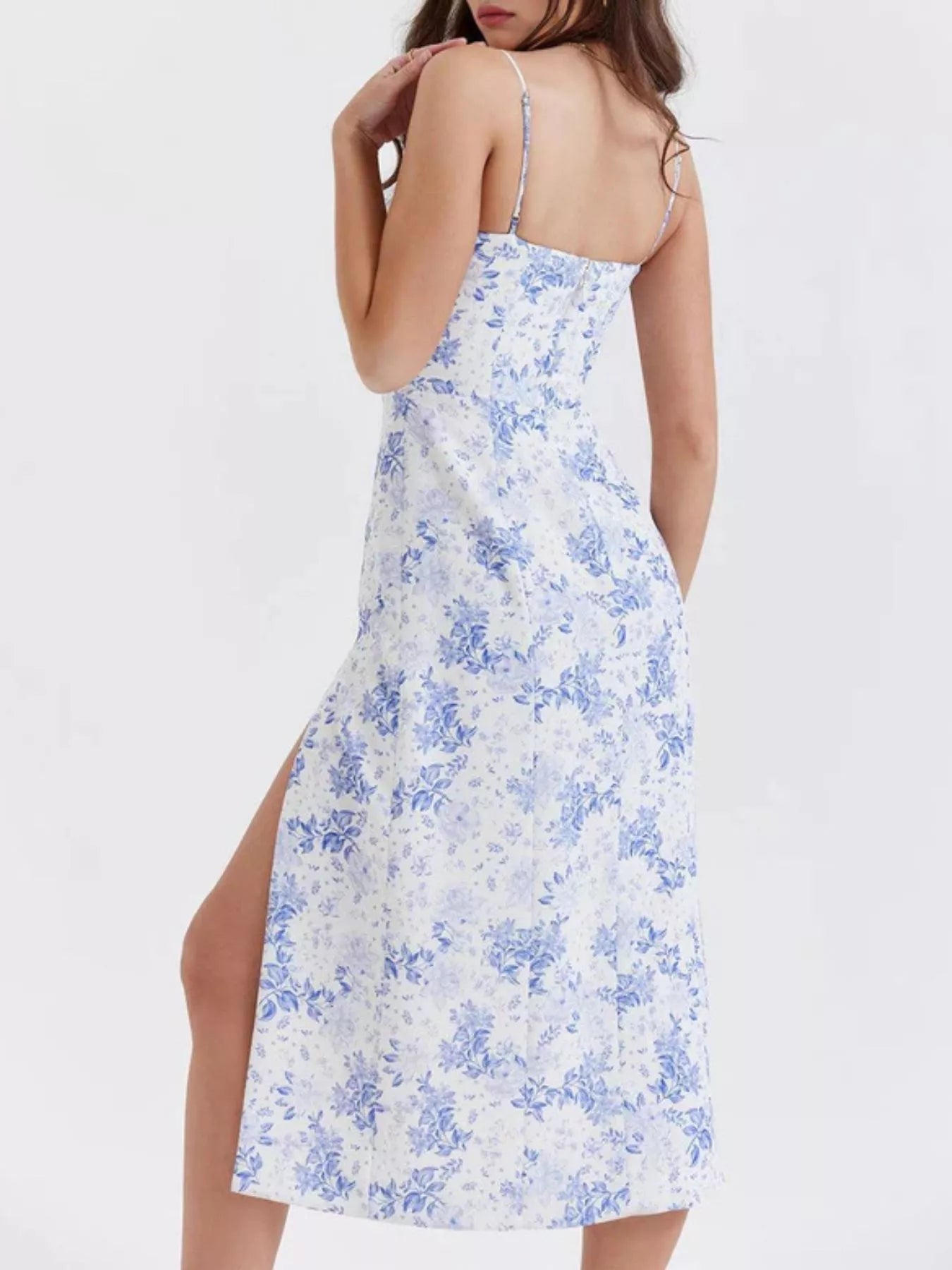 Floral Print Lace Trim Slit Midi Dress