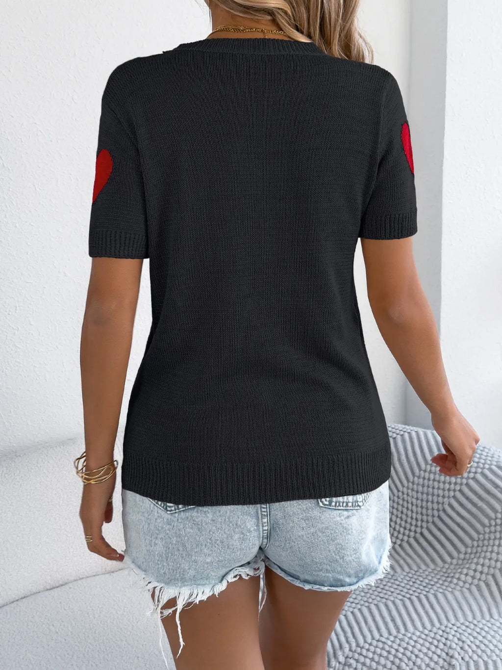 Heart Round Neck Short Sleeve Knit Top