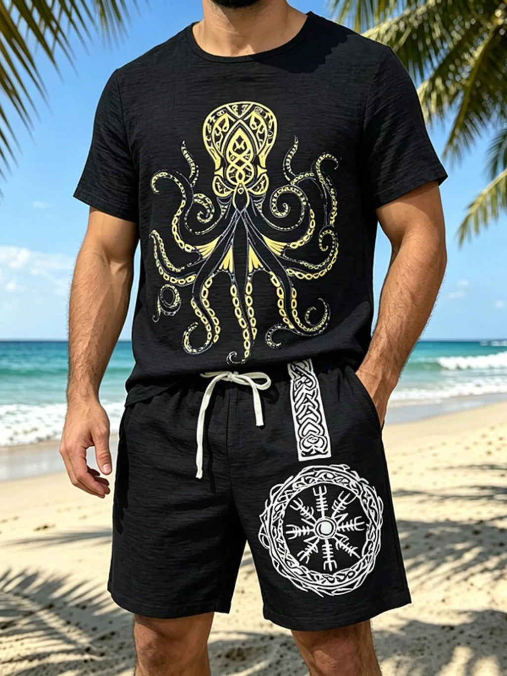 Men's Full Size Round Neck Tee and Shorts Set Plus Size