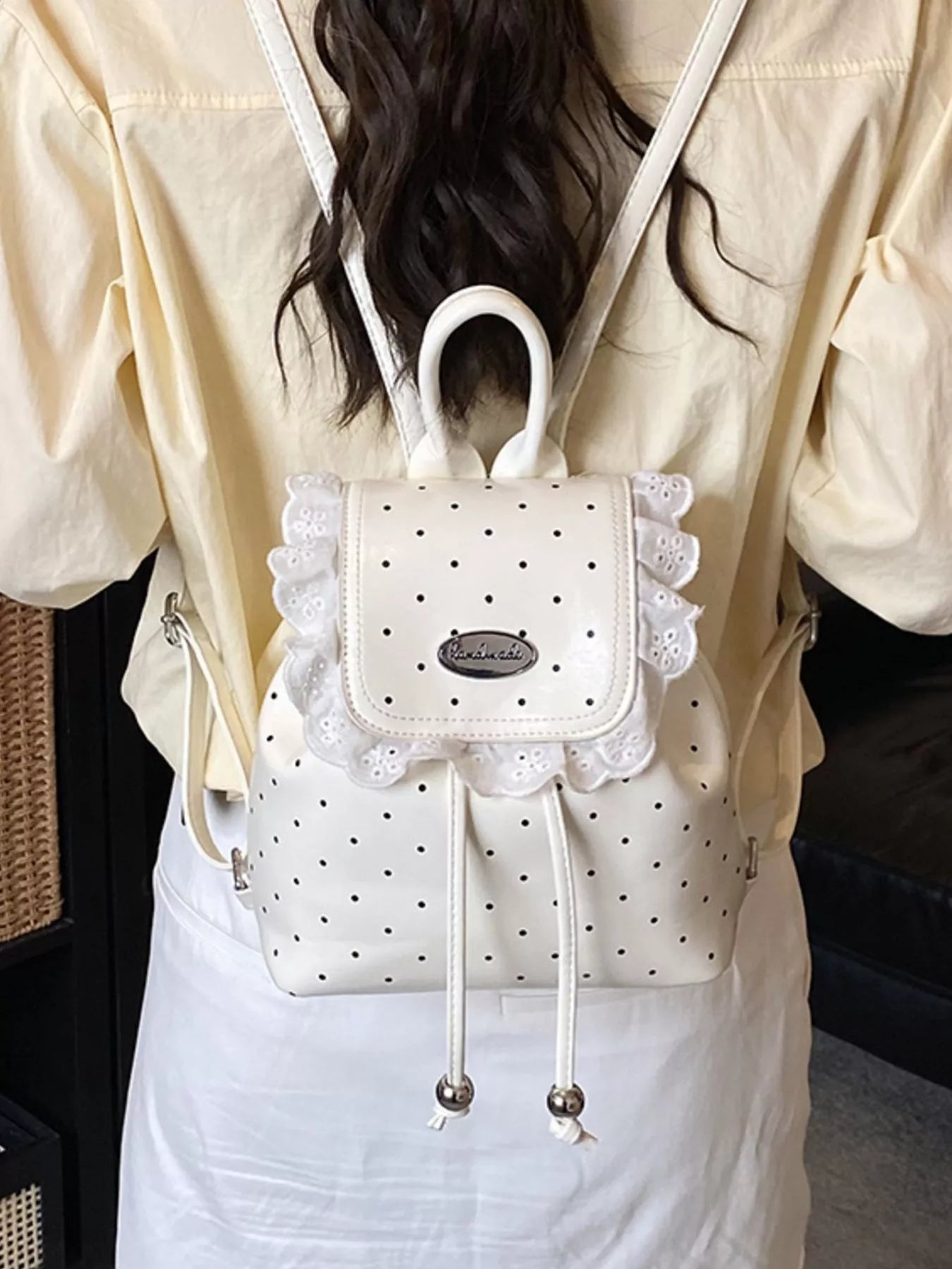 Polka Dot Lace Trim Backpack Bag