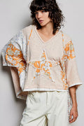 POL Floral Star Patch Hooded Blouse with Lace Contrast Detail