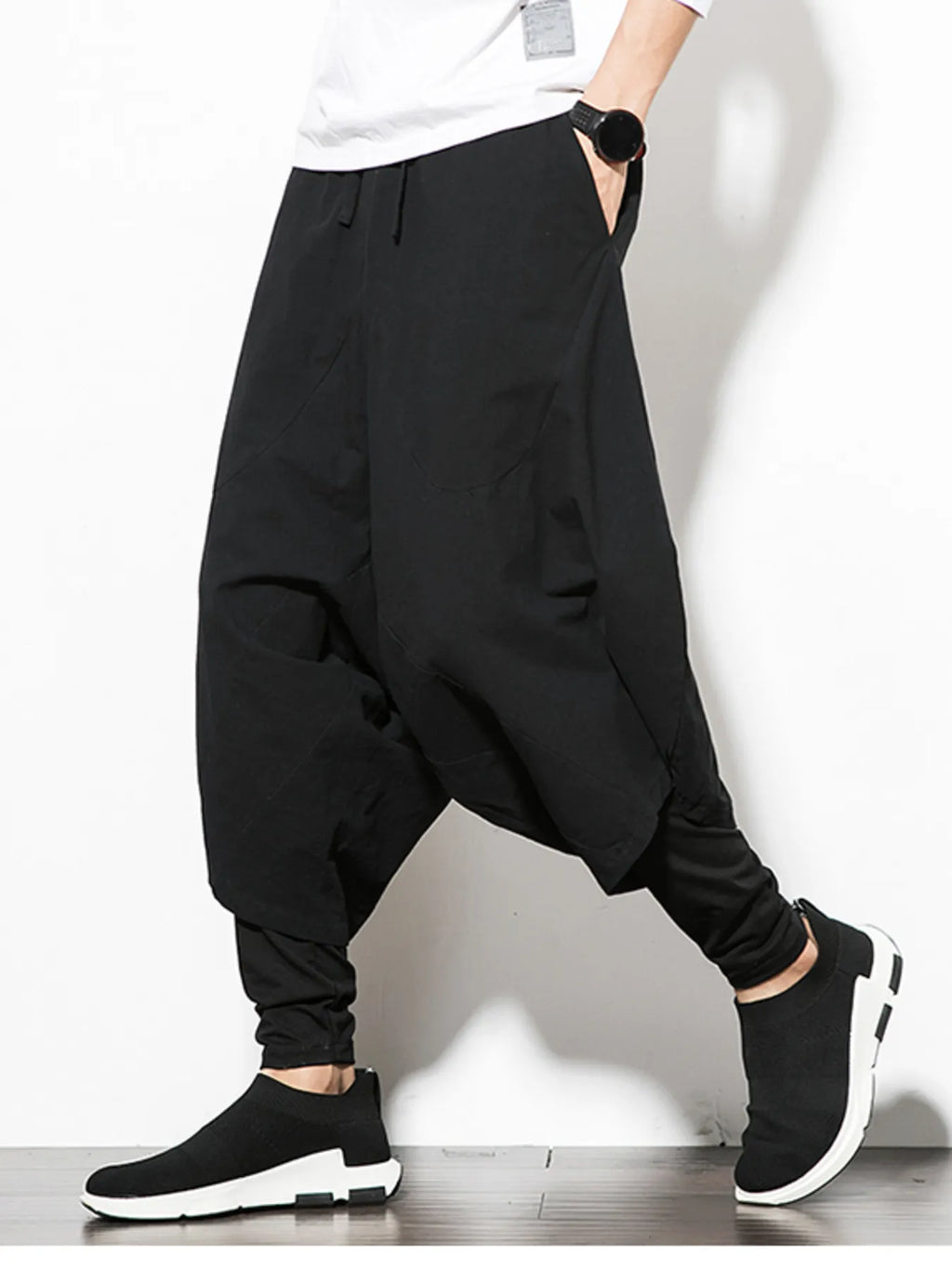 Men's Plus Size Wide Leg Drop Crotch Pants with Drawstring