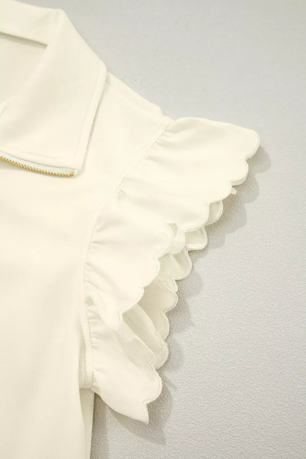 Zipped up Collared Ruffled Short Sleeve Blouse