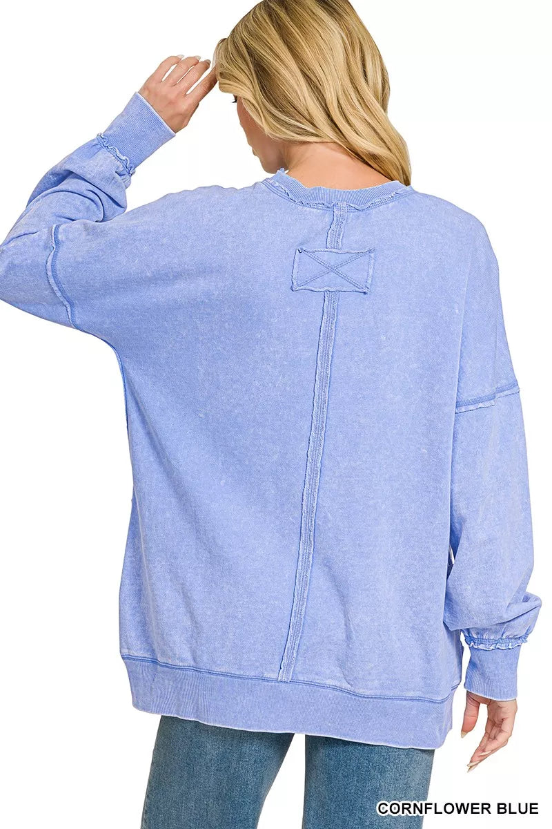Zenana Acid Wash Raw Edge French Terry Sweatshirt with Front Pocket