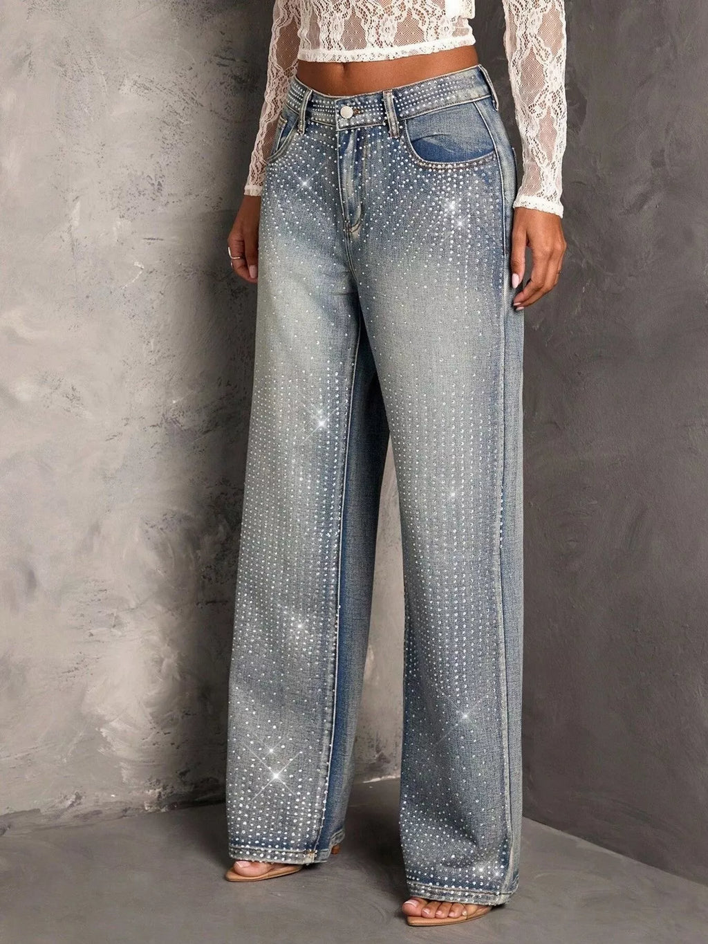Rhinestone Wide-Leg Jeans