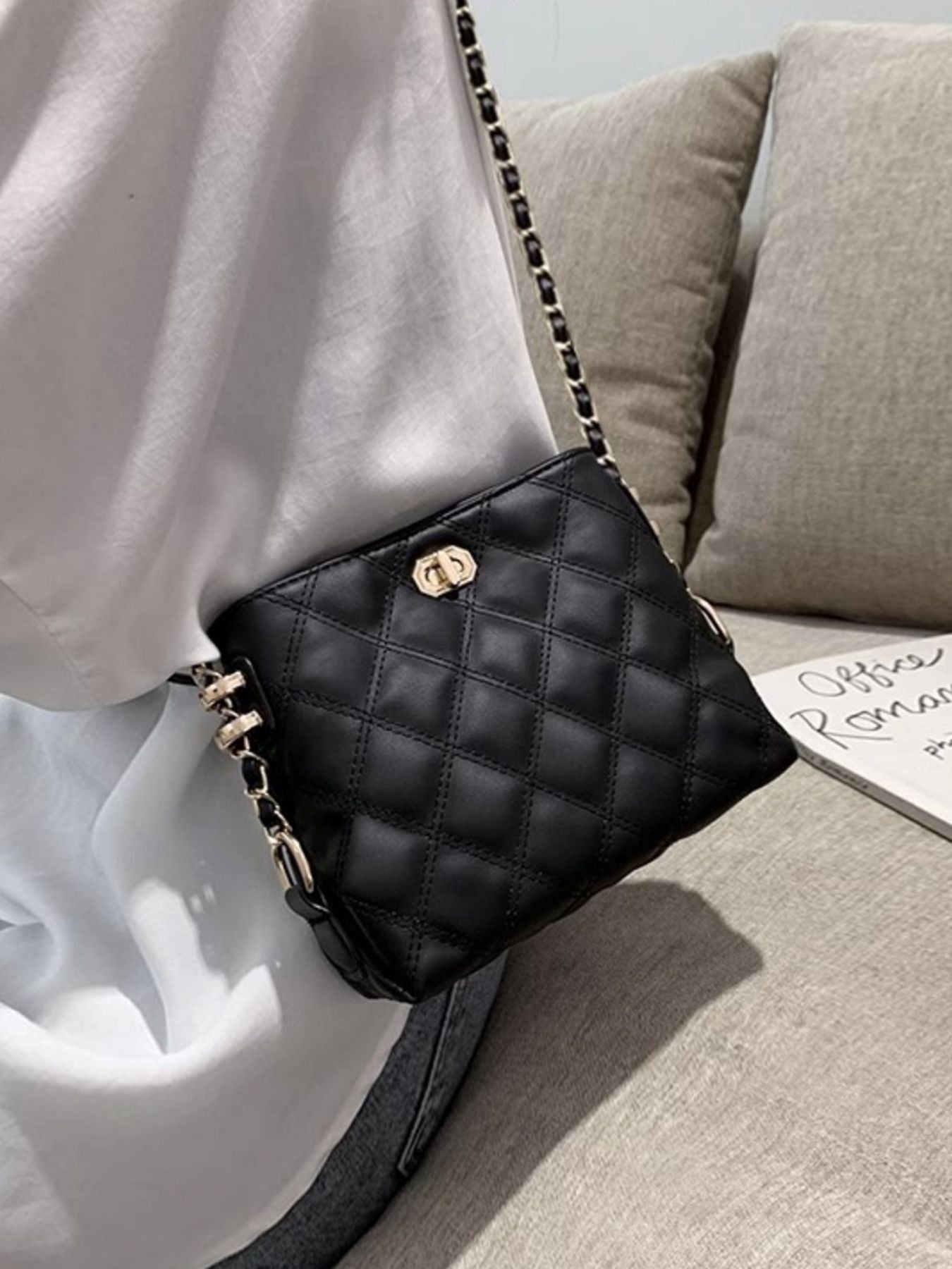 Quilted Bucket Crossbody Bag with Chain Strap
