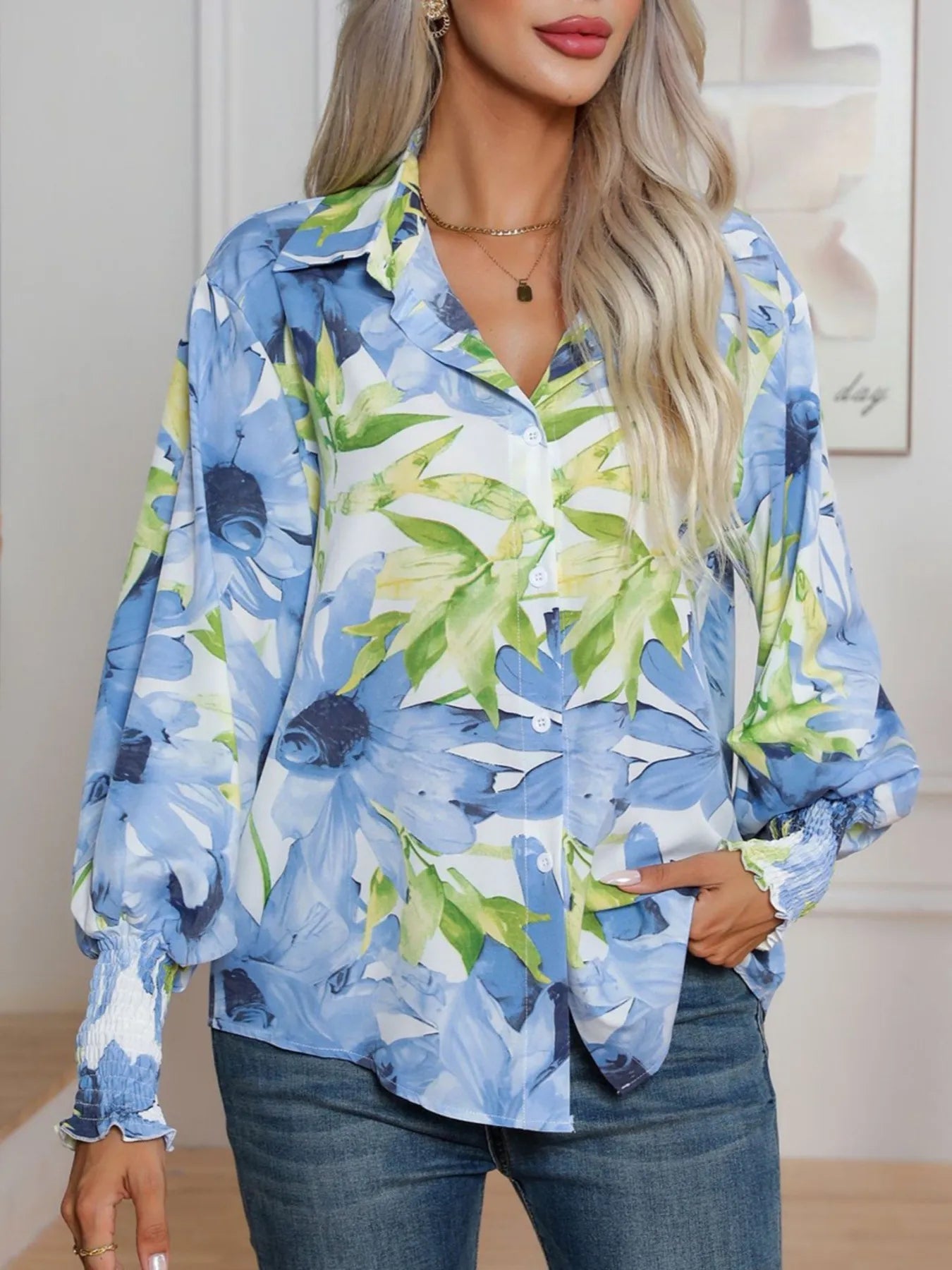 Printed Button Up Long Sleeve Shirt