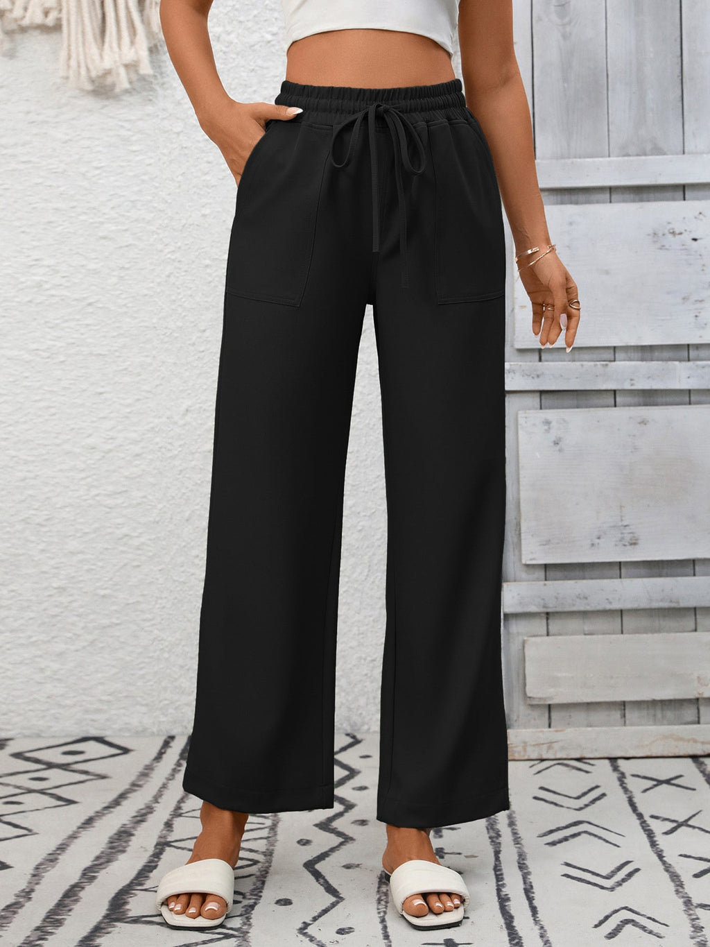 Casual Drawstring Wide Leg Pants