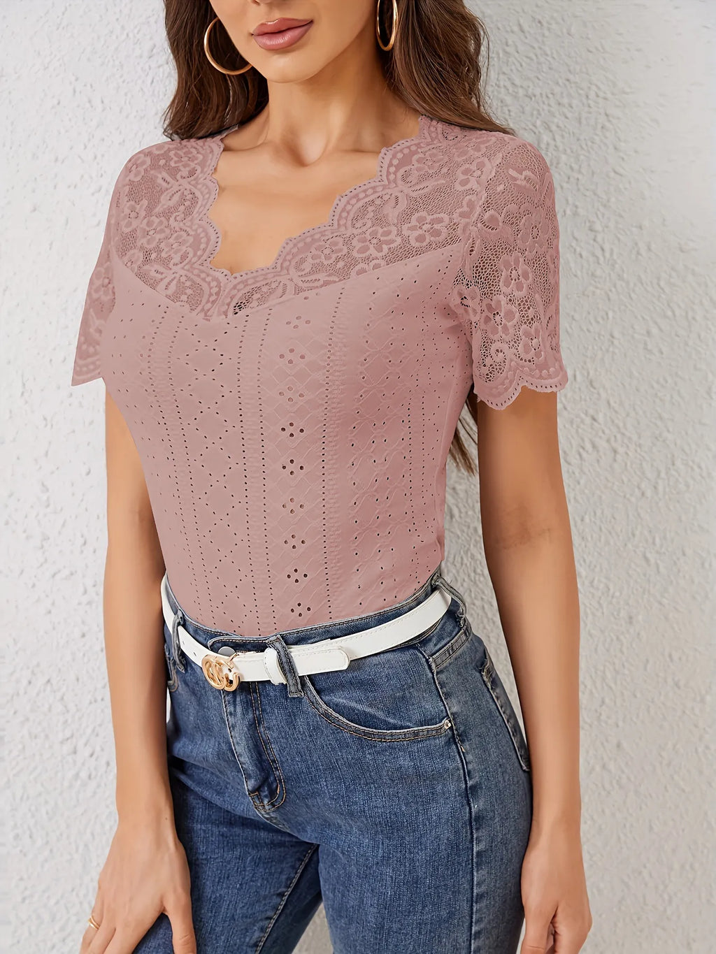 Lace Scalloped V-Neck Eyelet T-Shirt