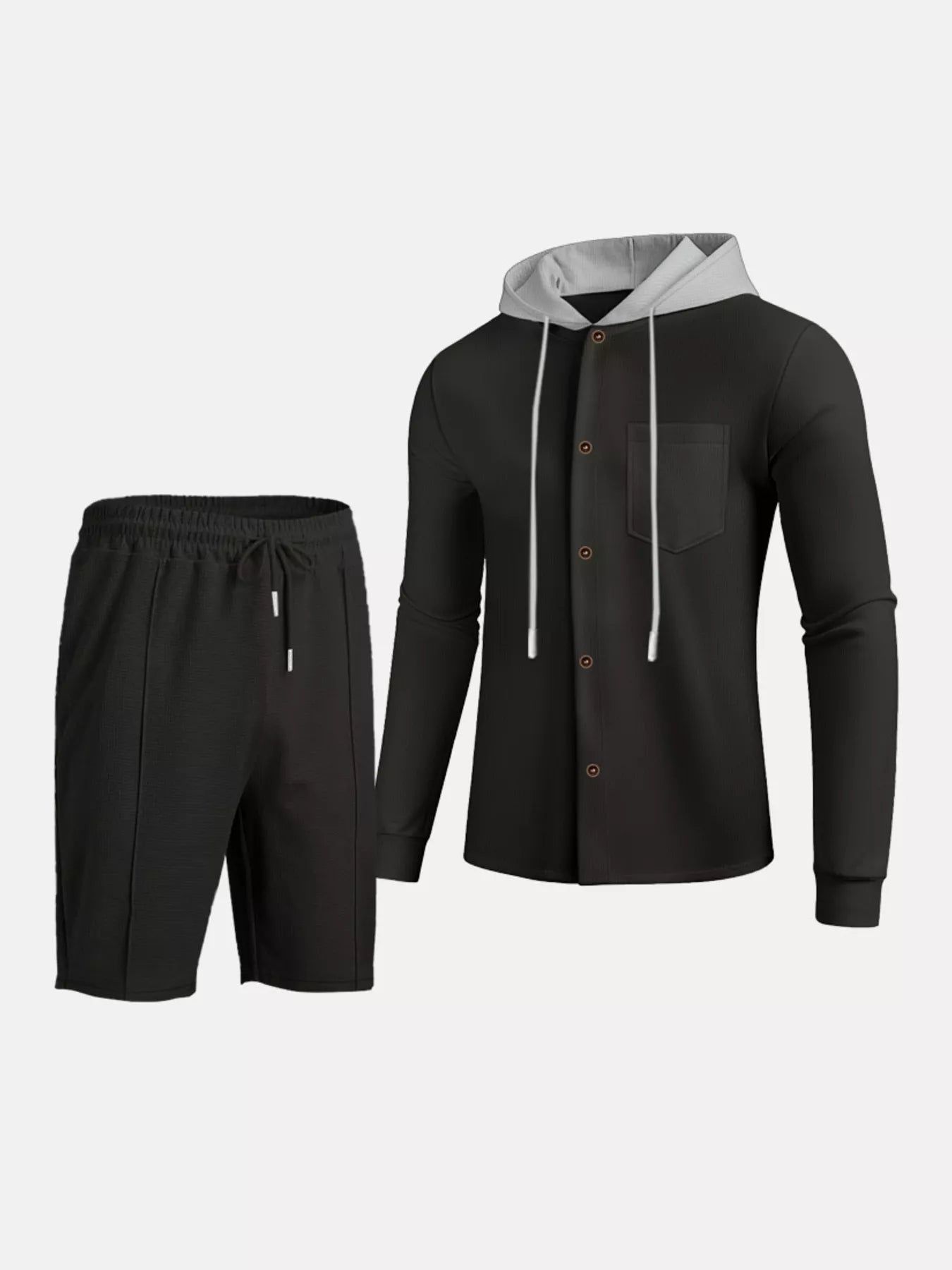 Men's Full Size Casual Hooded Button-Up Top and Shorts Set Plus Size