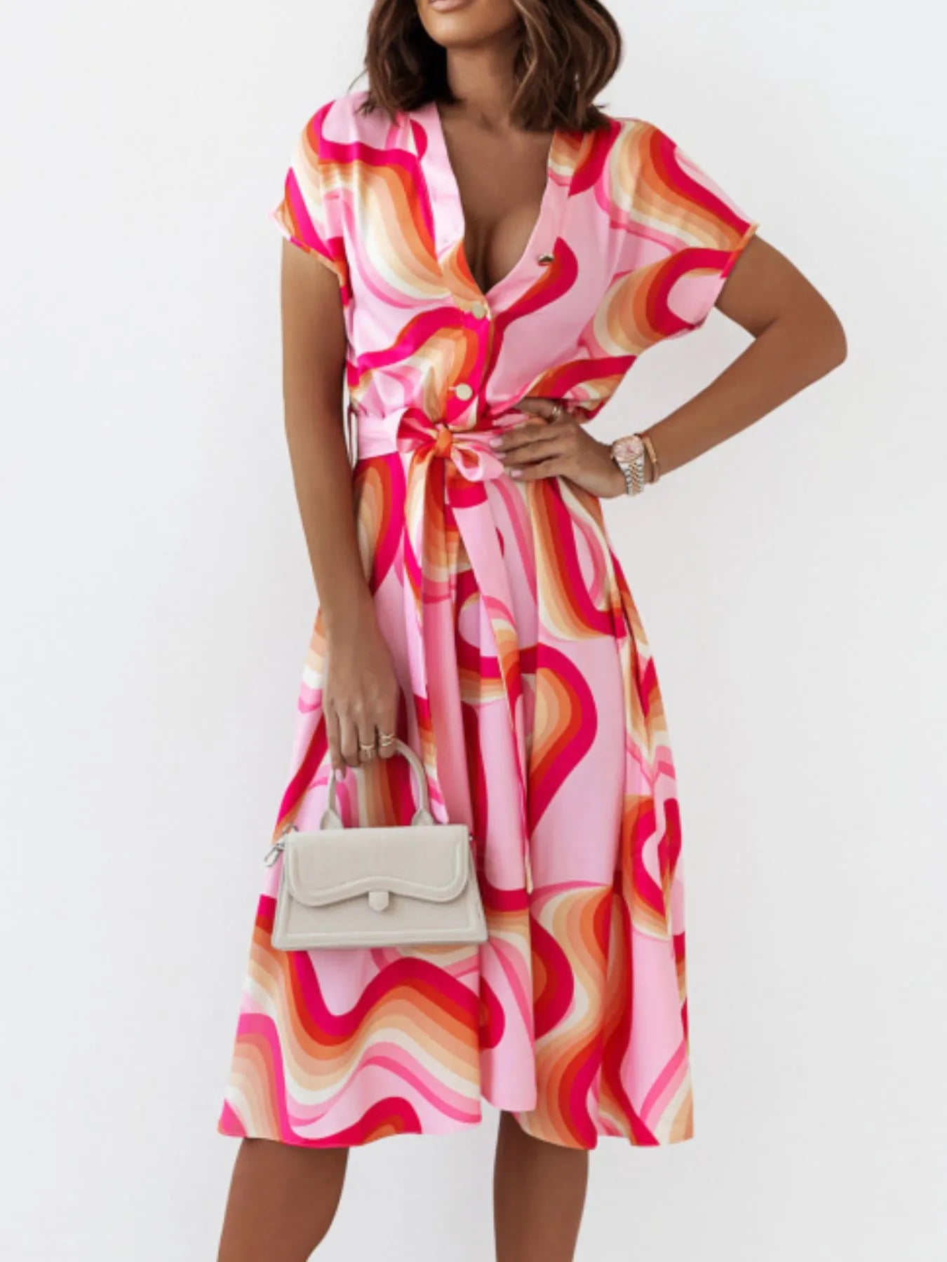 Printed Button Front Midi Dress with Belt