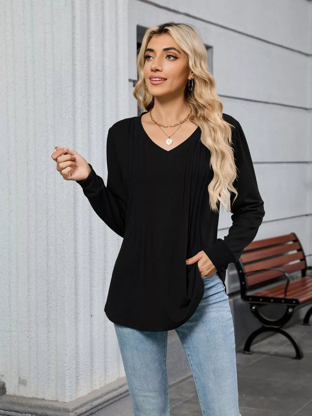 V-Neck Long Sleeve Relaxed Fit T-Shirt