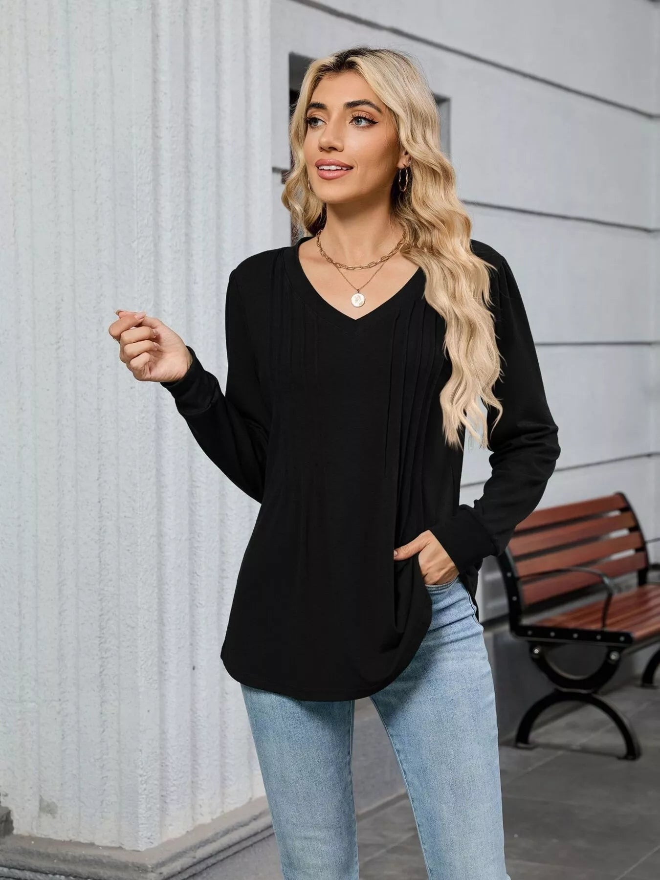V-Neck Long Sleeve Relaxed Fit T-Shirt