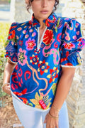 Abstract Print Frilled Collar Ruffled Puff Short Sleeve Top