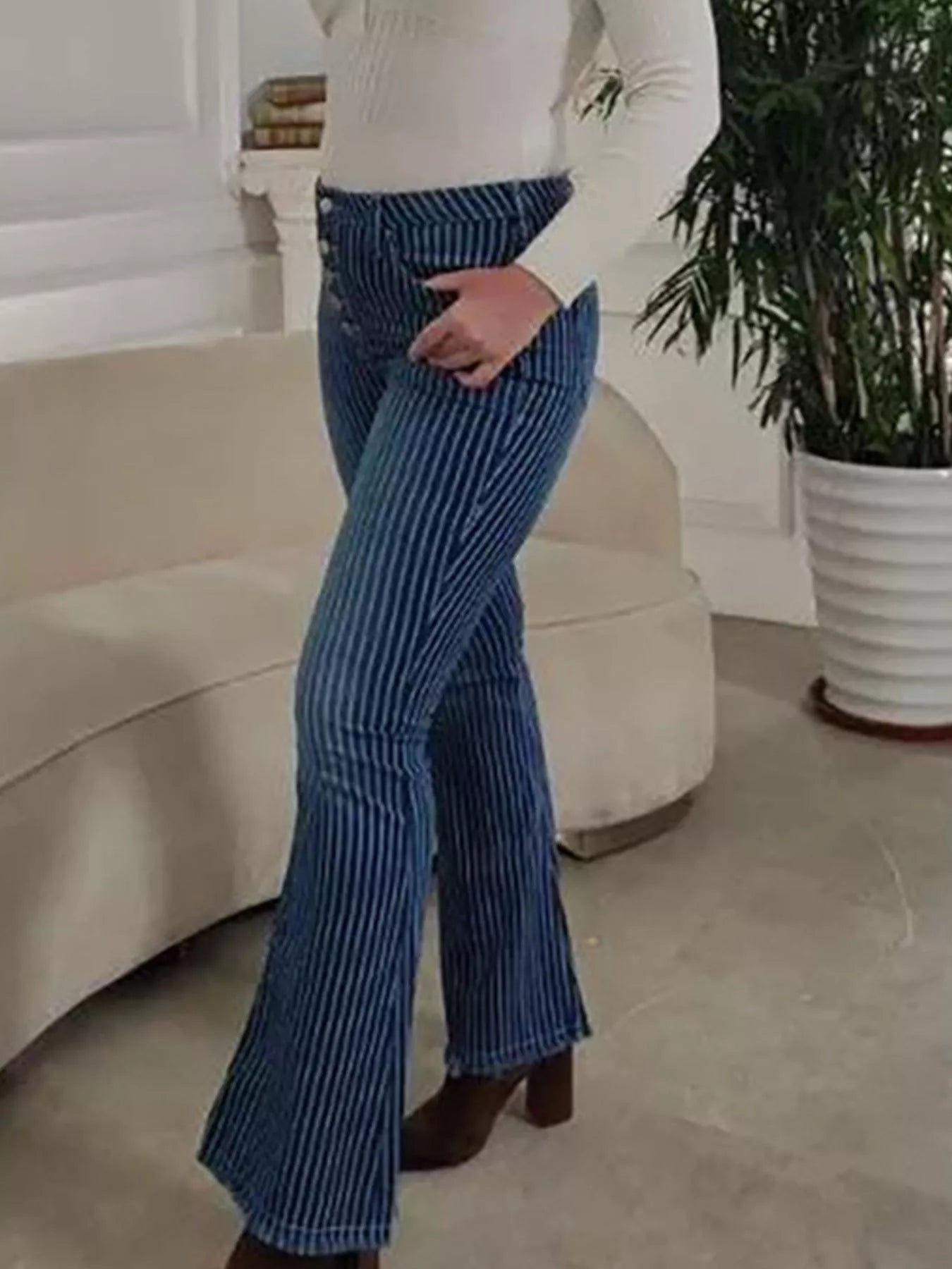 Striped Button Fly Flare Jeans