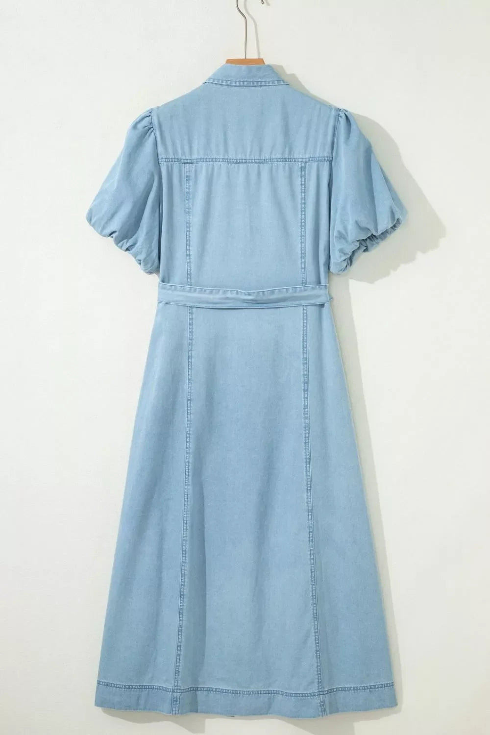 Full Buttons Collared Short Bubble Sleeve Long Denim Dress