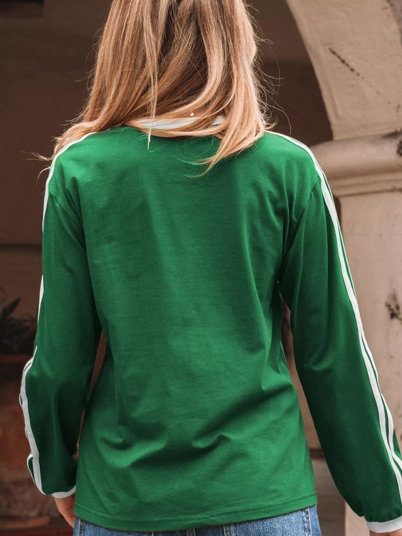 Striped Accent Contrast Crew Neck Long Sleeve T Shirt