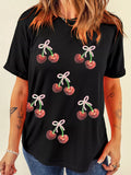 Full Size Sequin Bow Cheery Patched Valentines Tee Plus Size