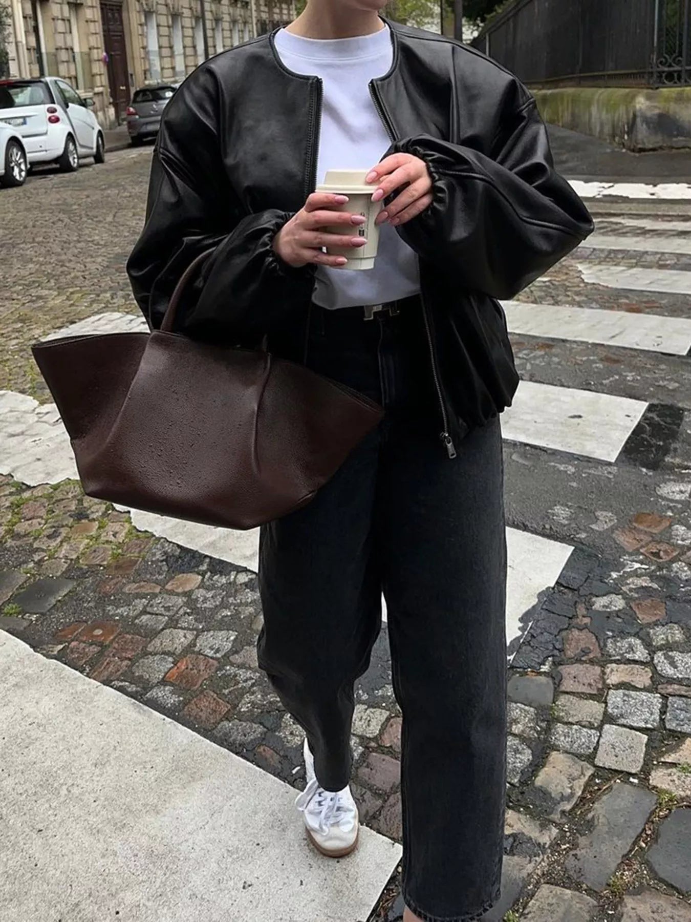 Zip Up Leather Bomber Jacket