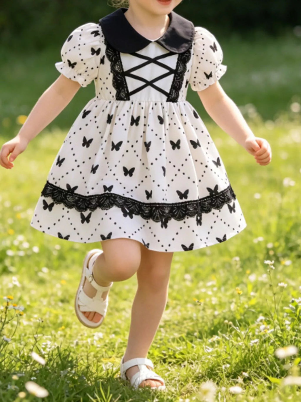 Children's Butterfly Print Lace Trim Peter Pan Collar Dress