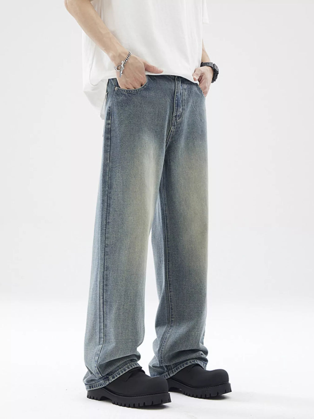 Men's Full Size Vintage Wash Wide Leg Jeans Plus Size
