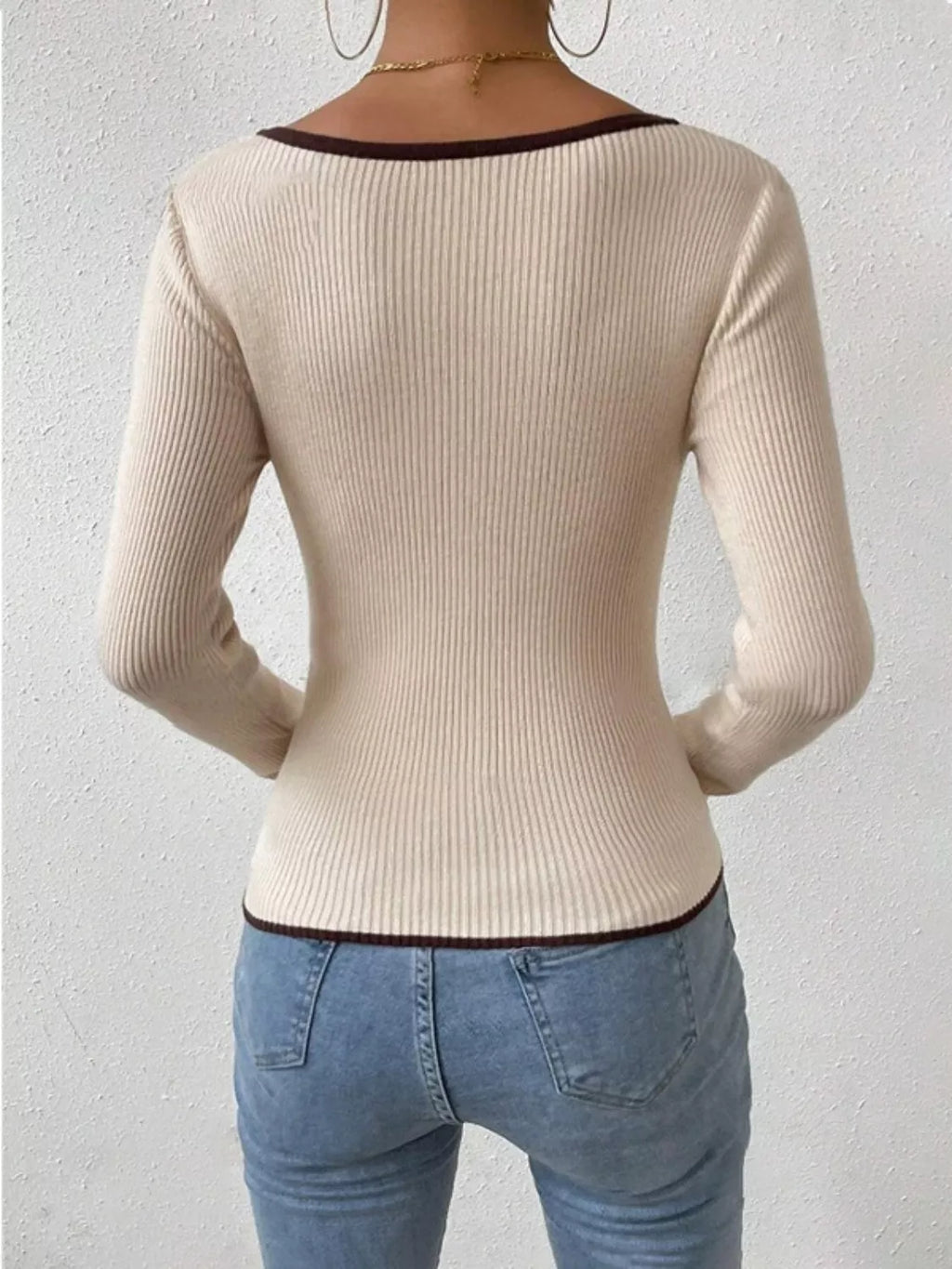 Contrast Trim Long Sleeve Knit Top