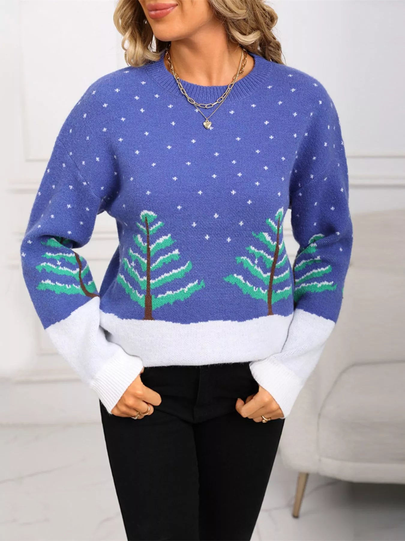Tree Pattern Round Neck Sweater
