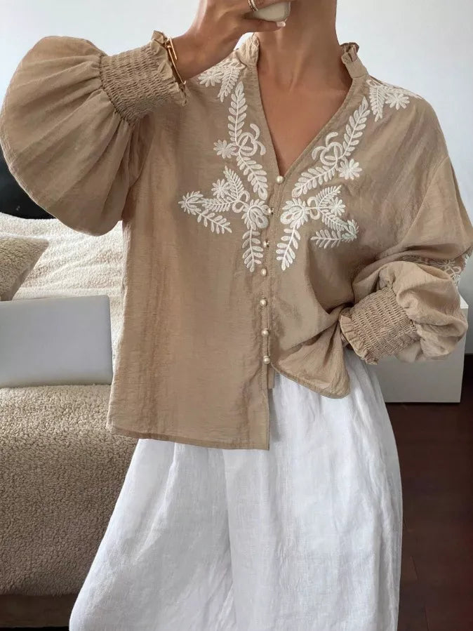 Embroidered Notched Long Sleeve Blouse