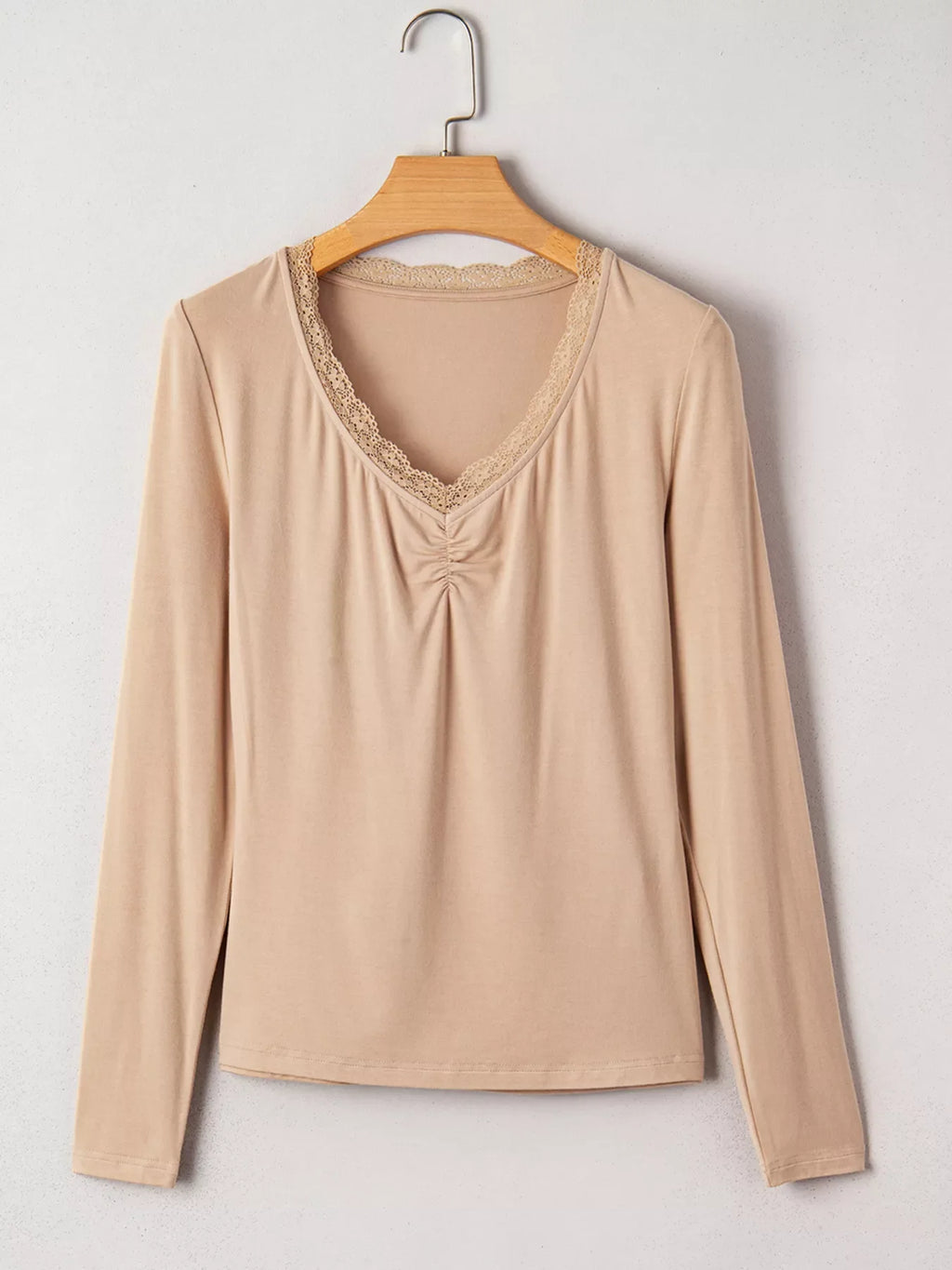 Lace-Trimmed Ruched Detail Long Sleeve T-Shirt