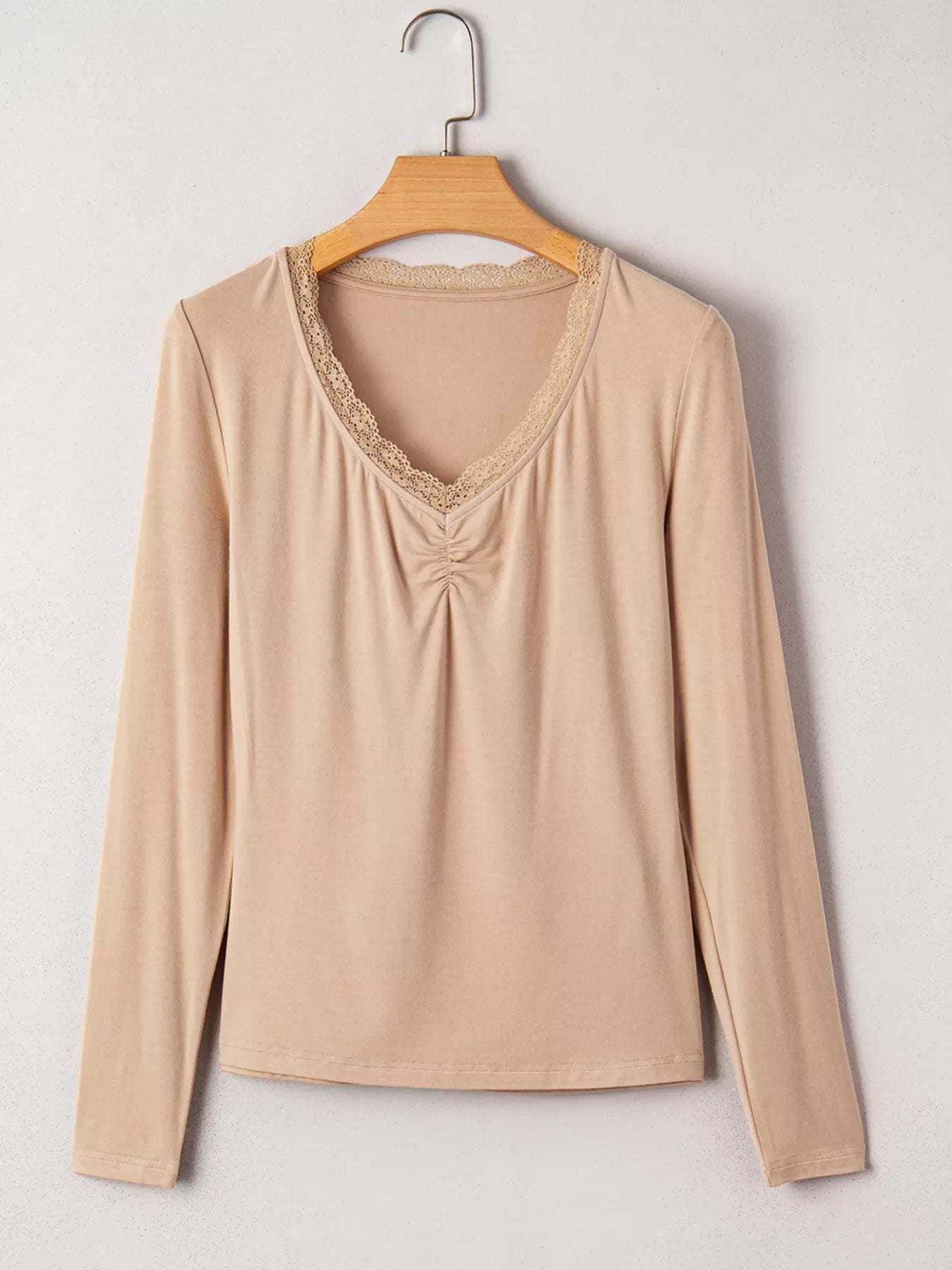 Lace-Trimmed Ruched Detail Long Sleeve T-Shirt