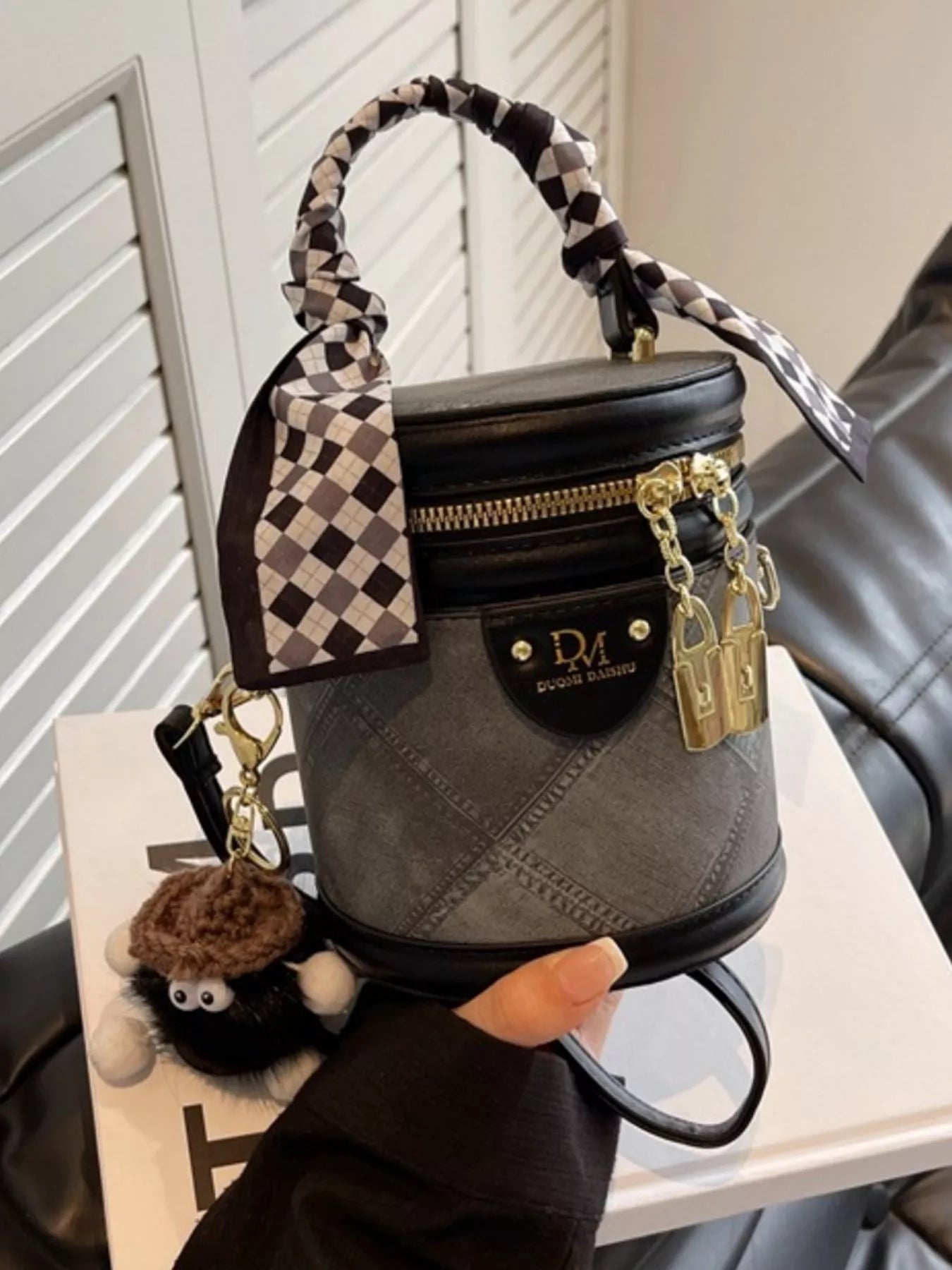 Bucket Crossbody Bag with Scarf Accent