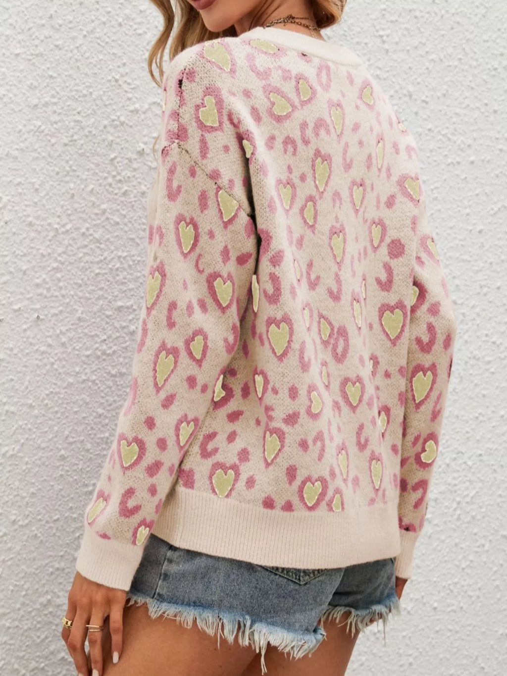 Heart Round Neck Long Sleeve Sweater