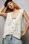 POL Lace Trim Embroidered Floral V-Neck Crochet Vest