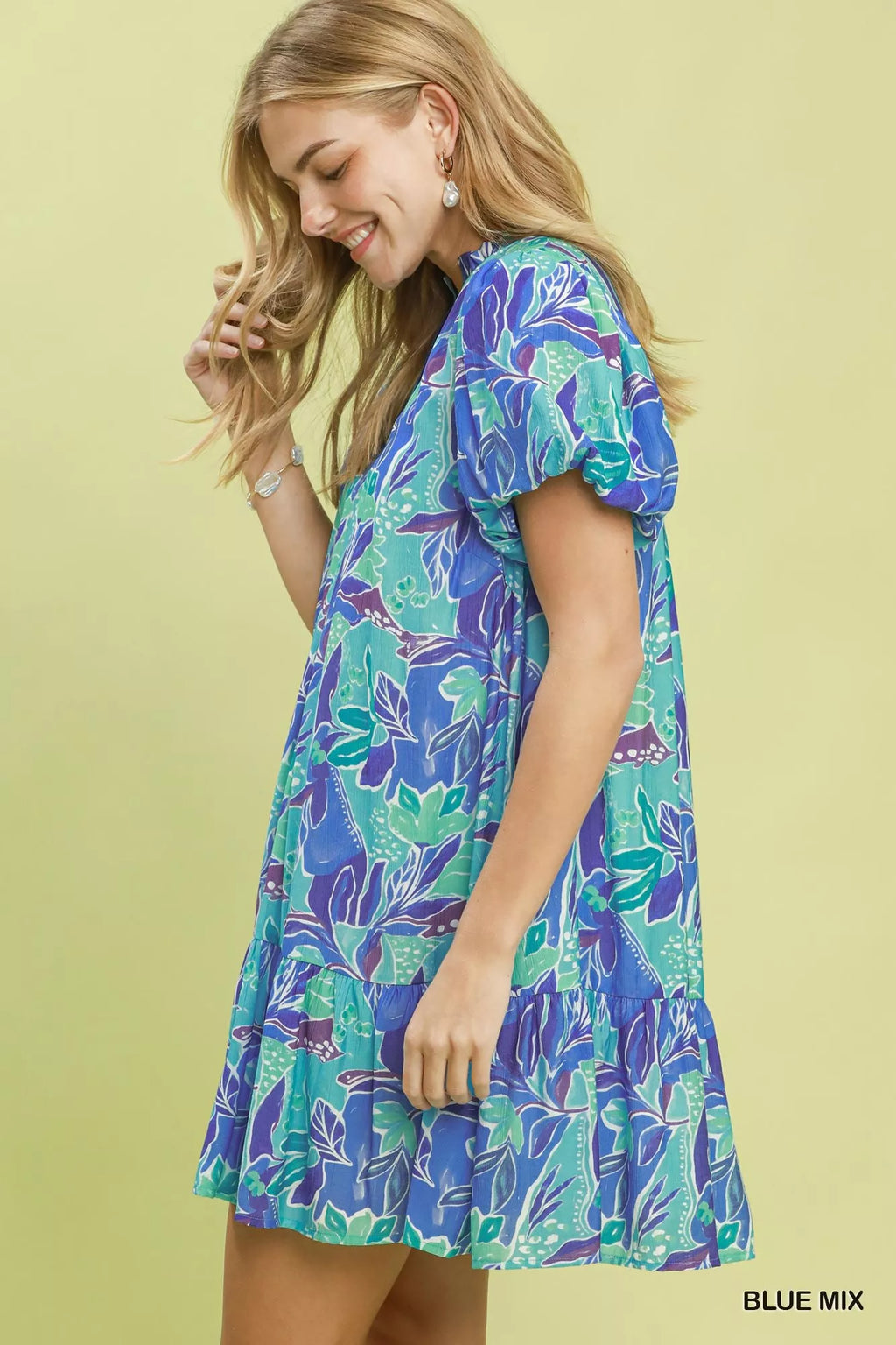 Umgee Tropical Floral Puff Sleeve Tiered Mini Dress