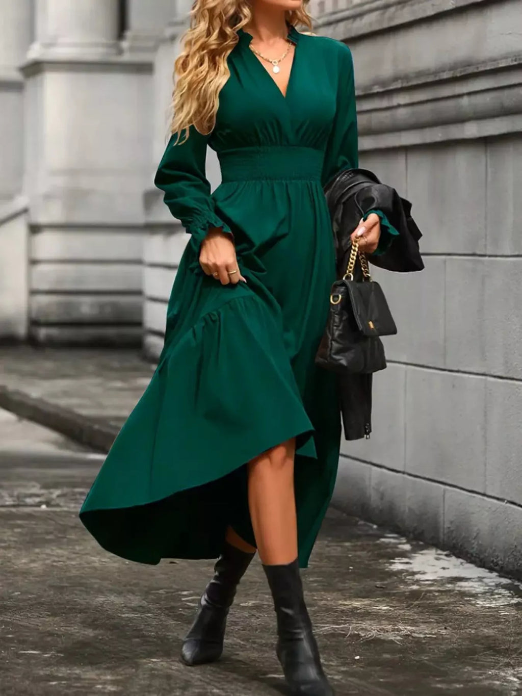 Surplice Long Sleeve Tiered Midi Dress