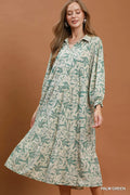 Umgee Linen Botanical Print Tiered Midi Dress