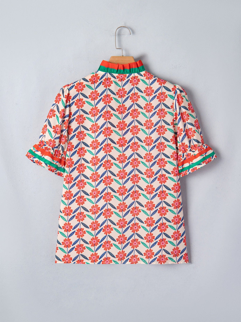 Floral Print Striped Detail V Neck Ruffled Short Sleeve Blouse