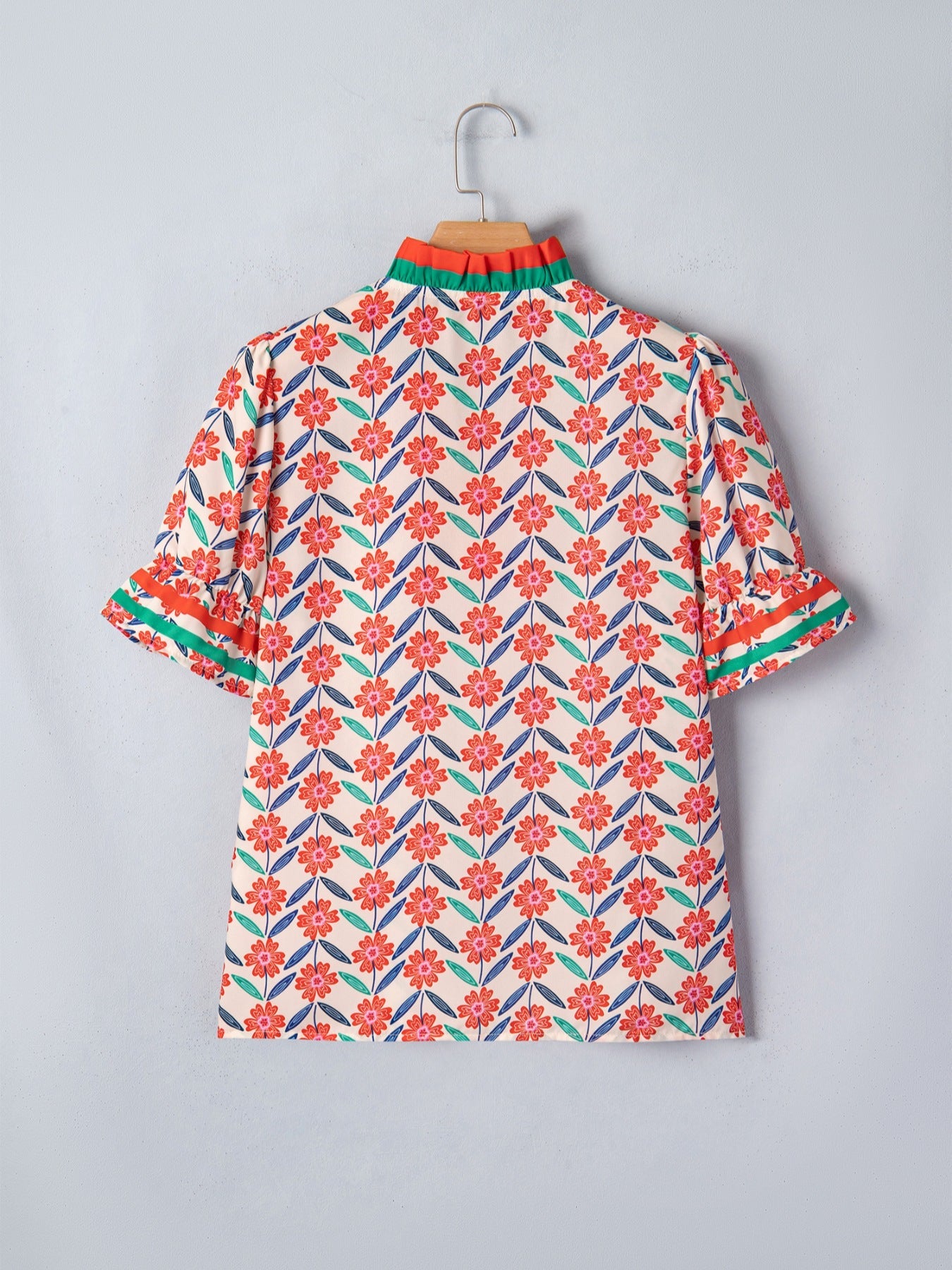 Floral Print Striped Detail V Neck Ruffled Short Sleeve Blouse