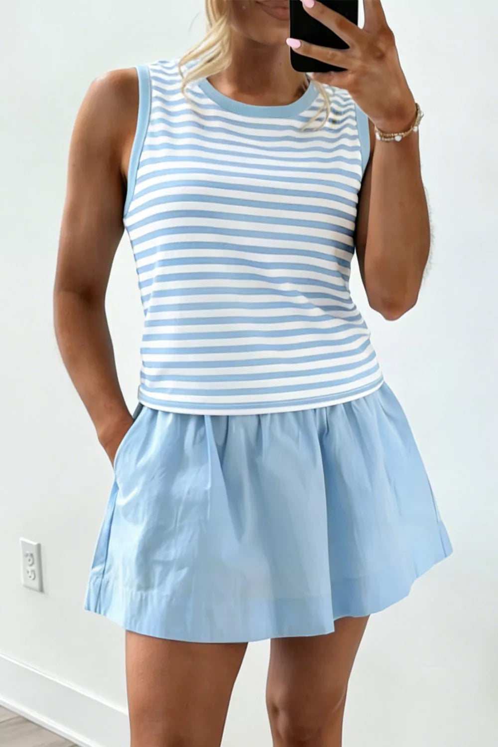 Stripe Slim Tank Contrast Ruffle Mini Skort Set
