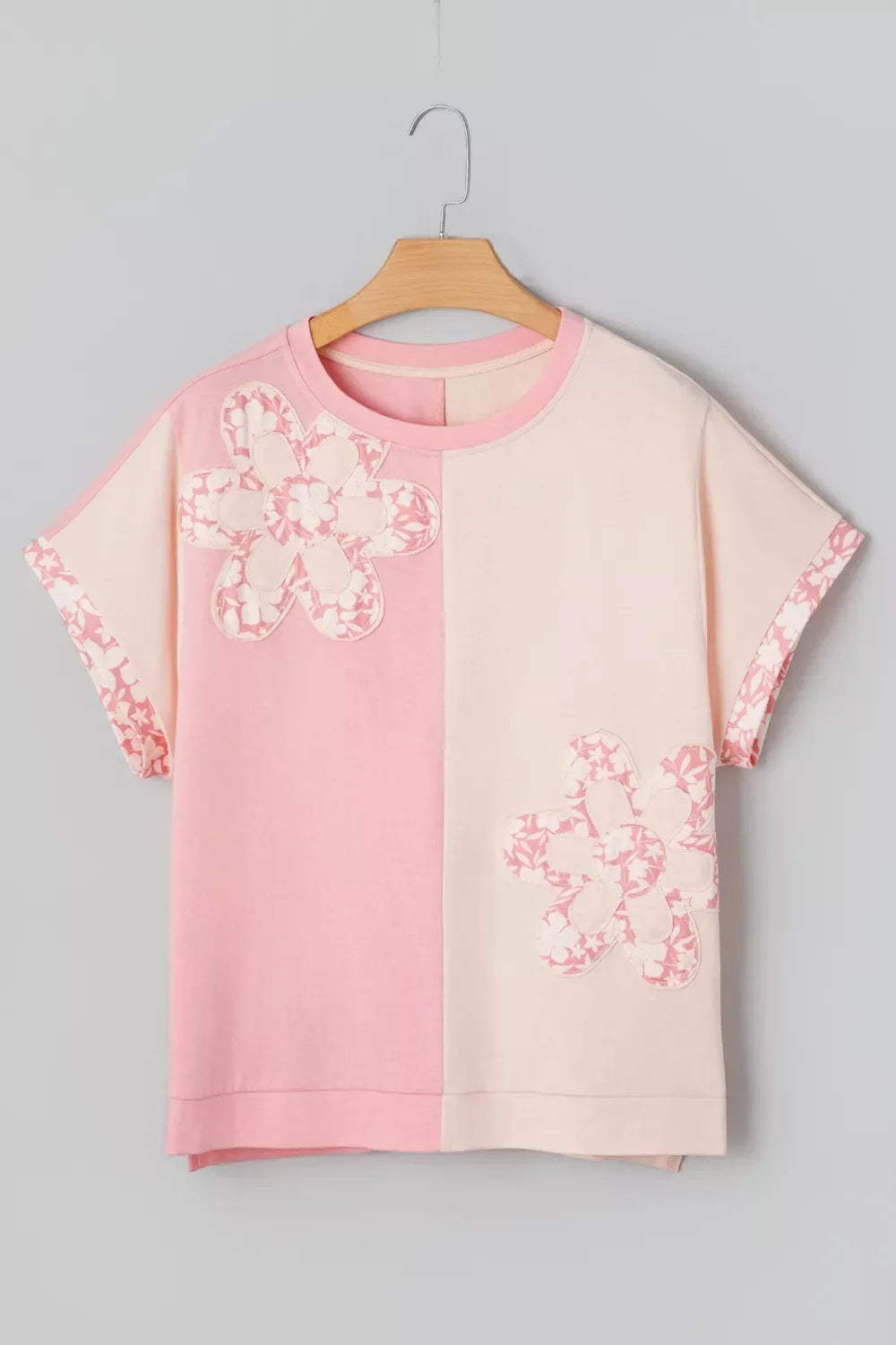 Color Block Flower Patched Loose T Shirt