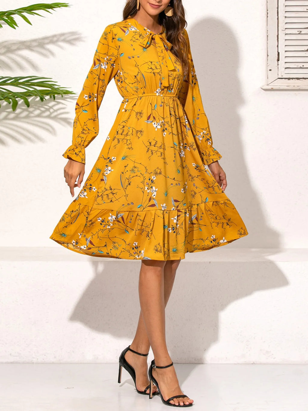 Ruffled Hem Floral Print Long Sleeve Dress