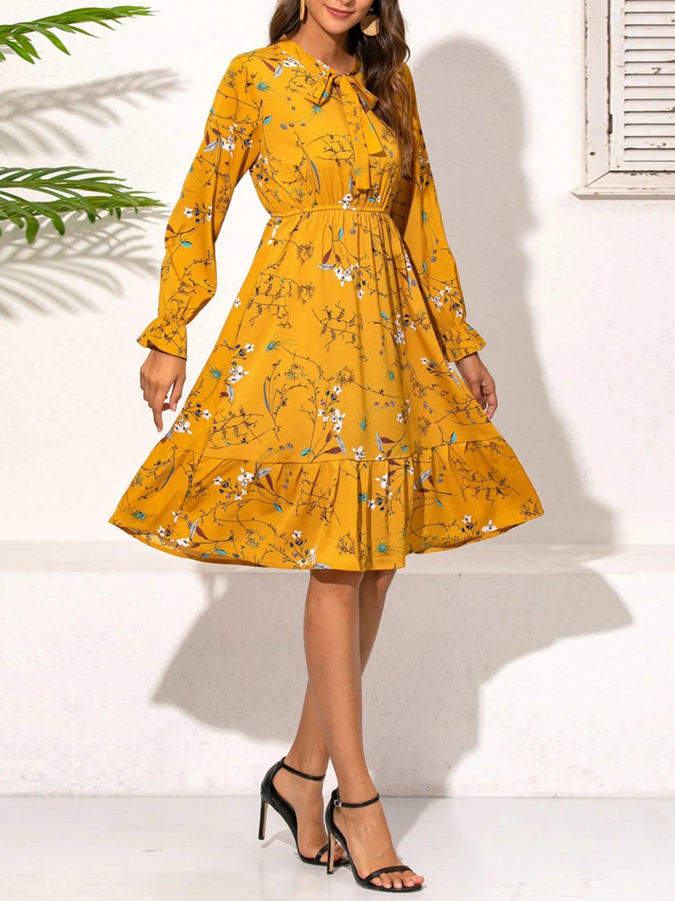 Ruffled Hem Floral Print Long Sleeve Dress