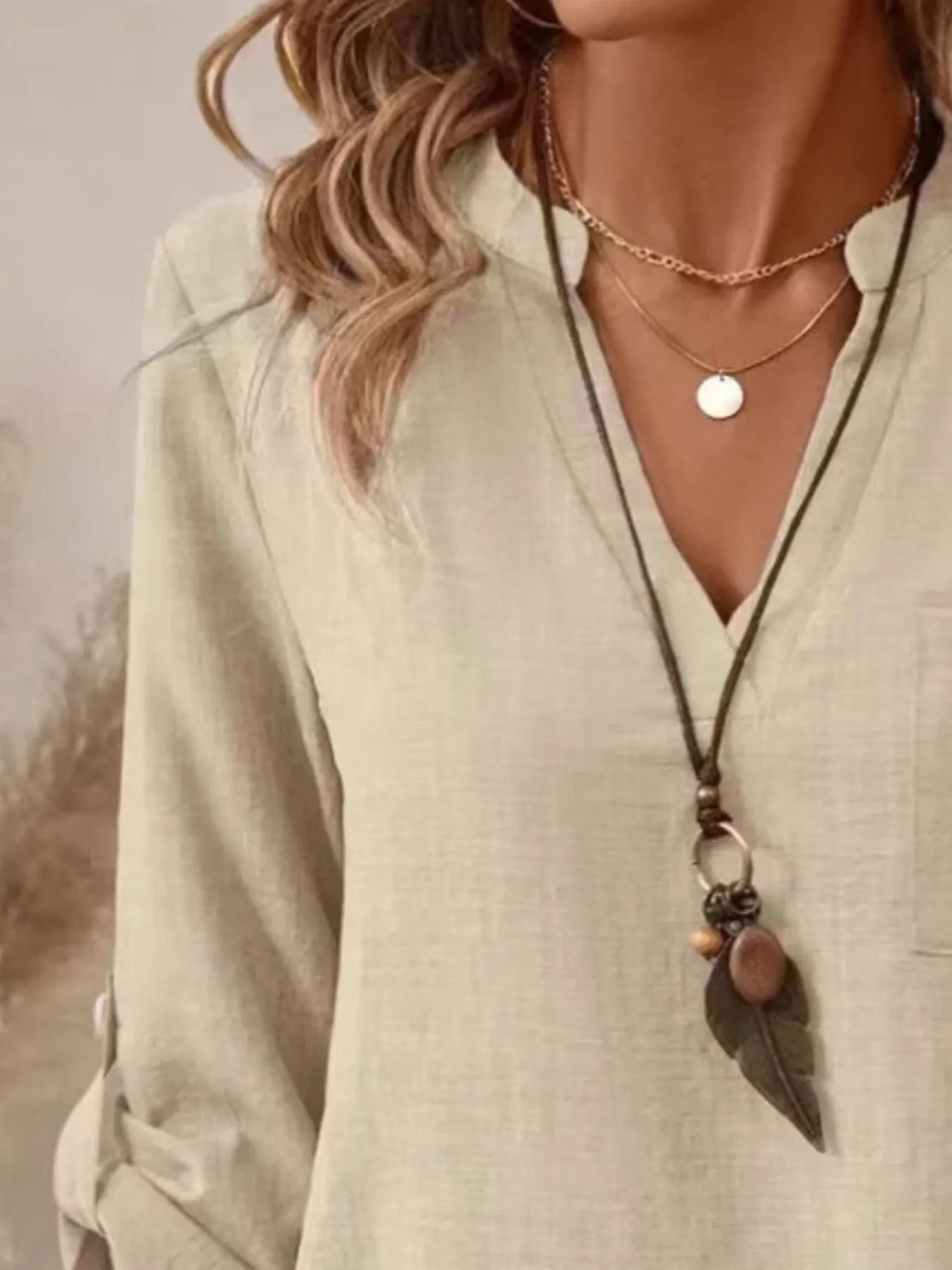 Casual Notched Roll-Up Sleeve Pocket Blouse