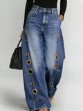 Wide Leg Jeans with Eyelet Details