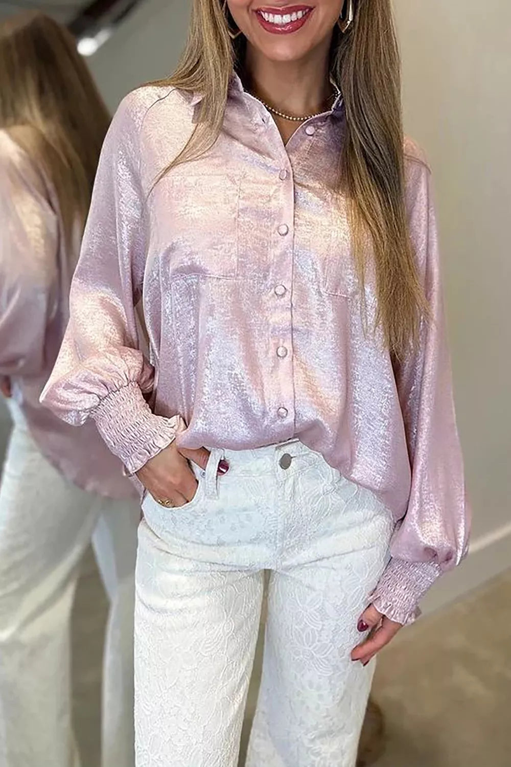 Long Sleeve Button Front Ruffle Cuffs Back Paneling Shirt