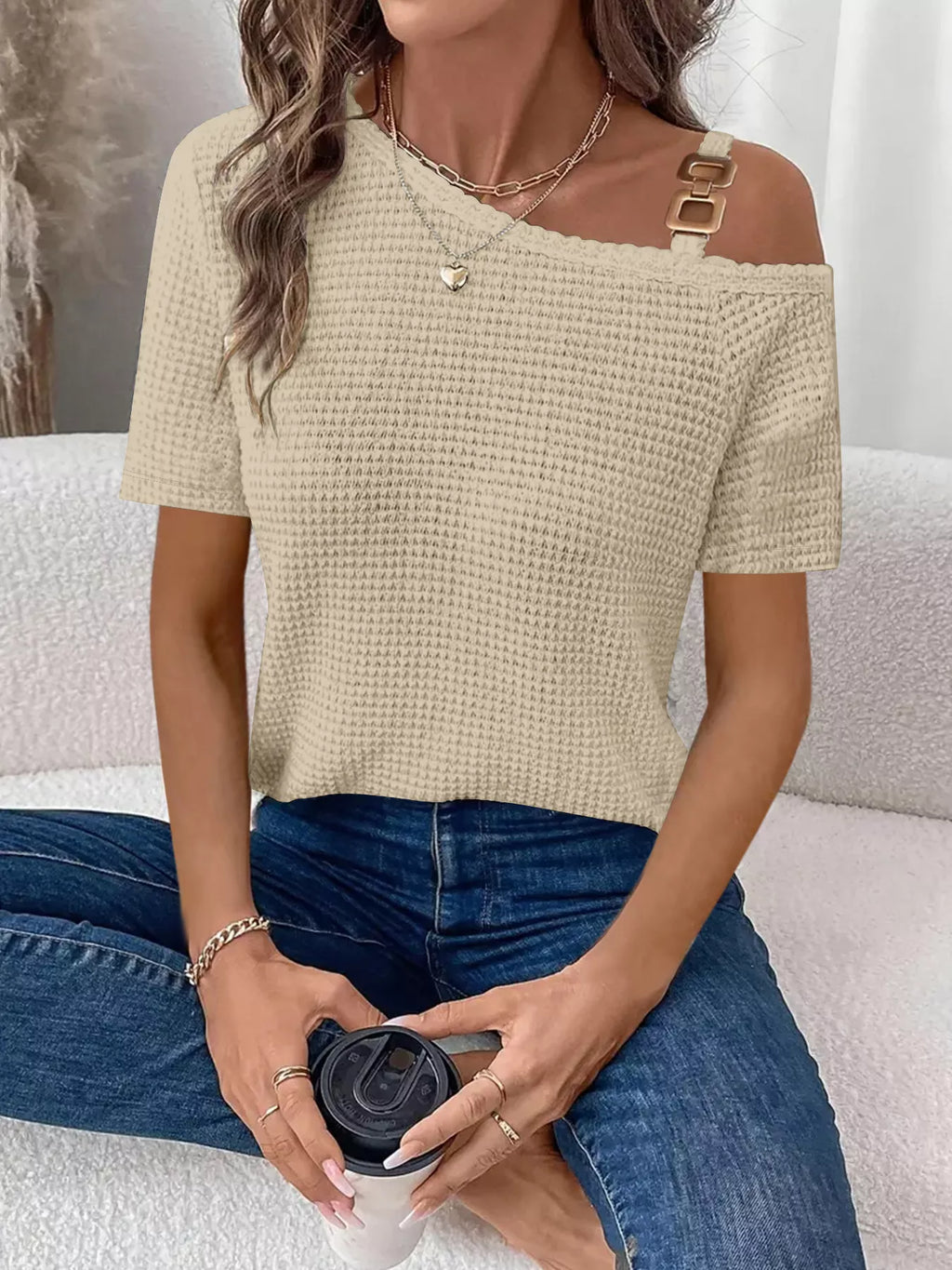 One-Shoulder Chain Detail Waffle Knit T-Shirt