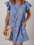Bow Knot Print Crewneck Ruffled Sleeve Shift Mini Dress