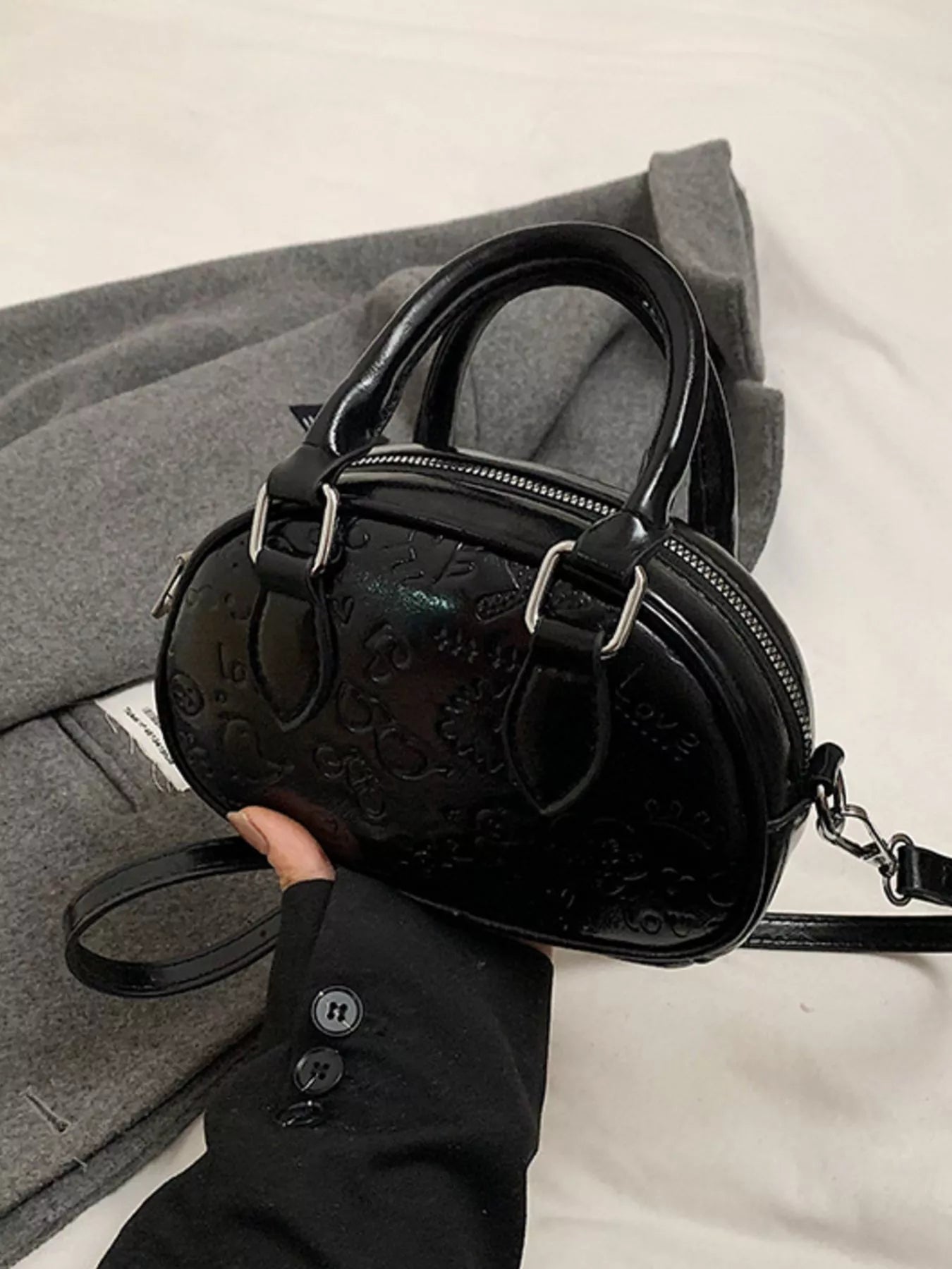 Embossed Pattern Top Handle Crossbody Bag